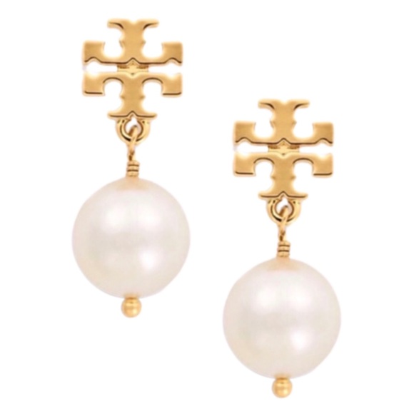 TORY BURCH • Gold Pearl Logo Drop Earrings - Picture 3 of 4